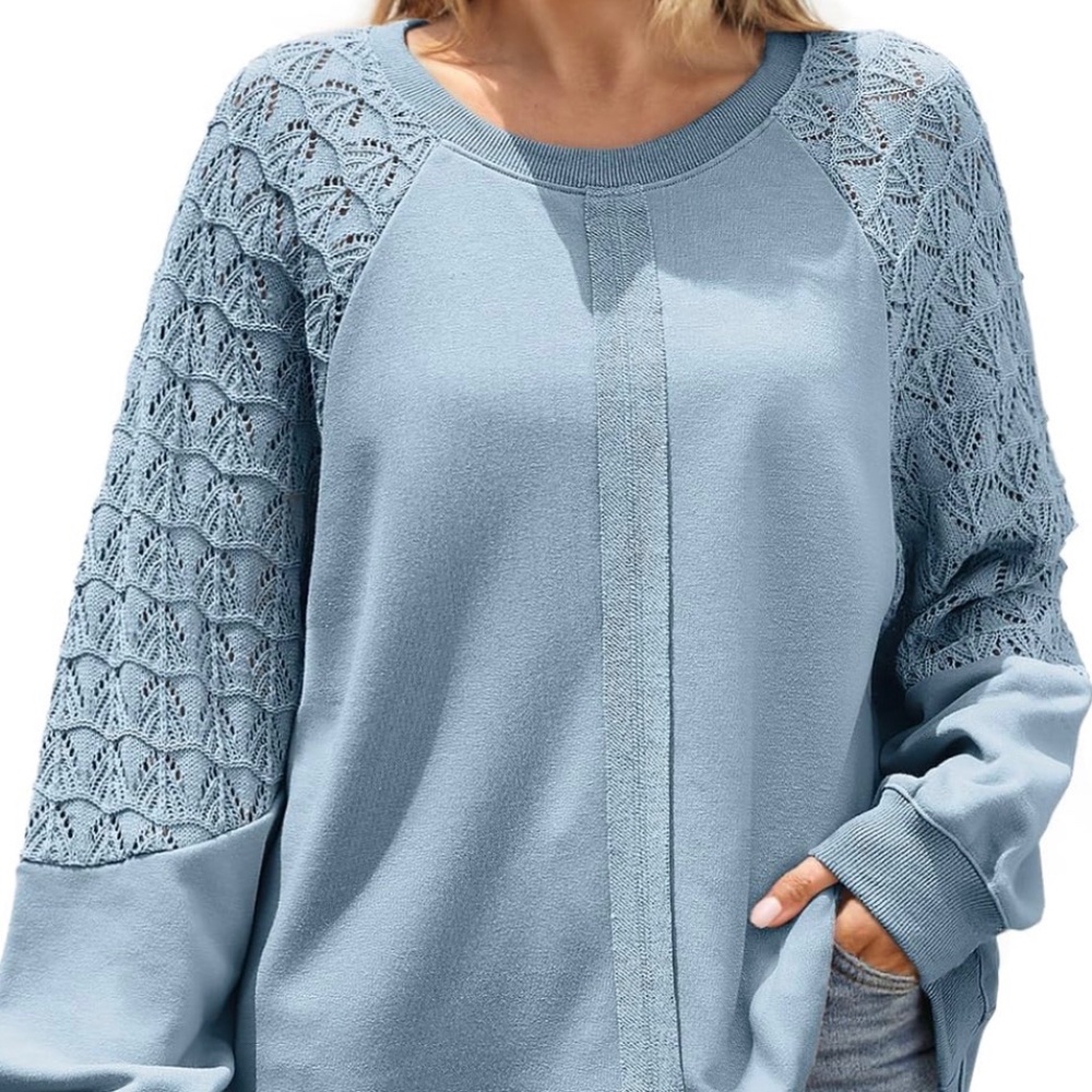 Women Color Block Pullover Crochet Tops Y2K Long Sleeve Relaxed Fit Sweatshirt L